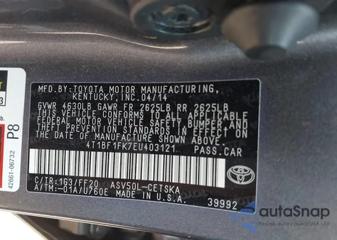 2014 Toyota Camry L/Se/Le/Xle z USA, uszkodzony, nr VIN 4T1BF1FK7EU403121